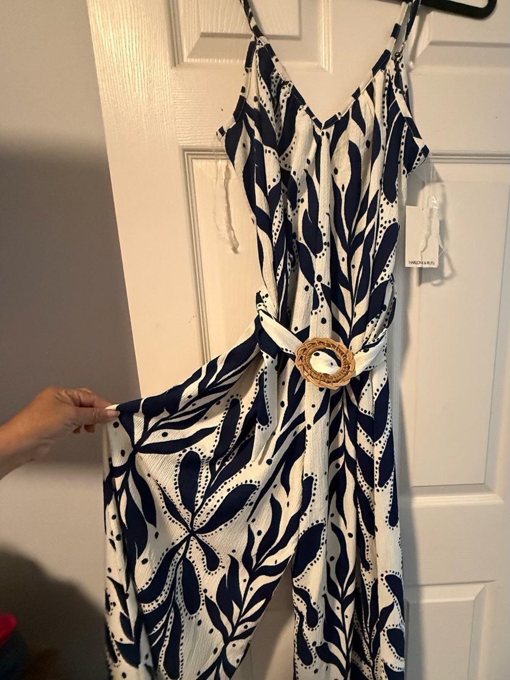 Navy and White Leaf-Print Midi Dress Pant with Woven Buckle